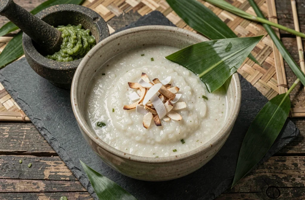 Bol de riz au lait infusé au pandan garni de noix de coco grillée, présenté sur une surface en ardoise avec des feuilles de pandan et un mortier en style rustique asiatique