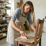 Femme qui ponce un vieux meuble en bois dans un atelier de bricolage pour le recycler et lui donner une seconde vie