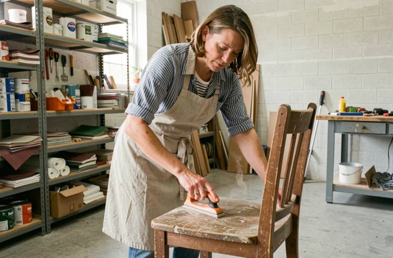 Femme qui ponce un vieux meuble en bois dans un atelier de bricolage pour le recycler et lui donner une seconde vie