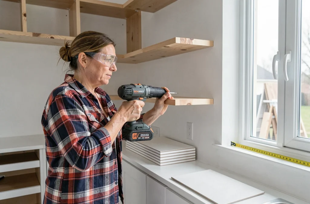 Femme qui installe des étagères en bois dans une cuisine en cours de rénovation avec une perceuse sans fil