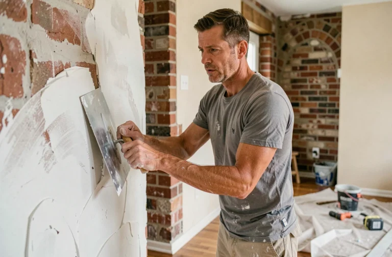 Homme en train d'enduire un mur lors de travaux de rénovation intérieure dans un salon en cours de transformation