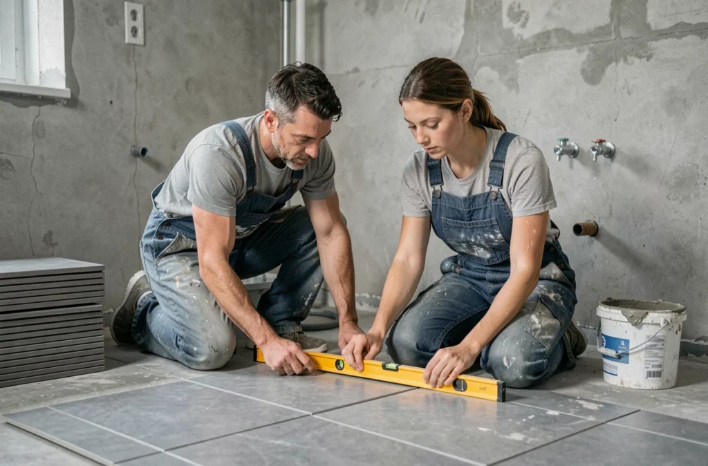 Deux personnes posant des carrelages gris au sol dans une salle de bain en cours de rénovation complète