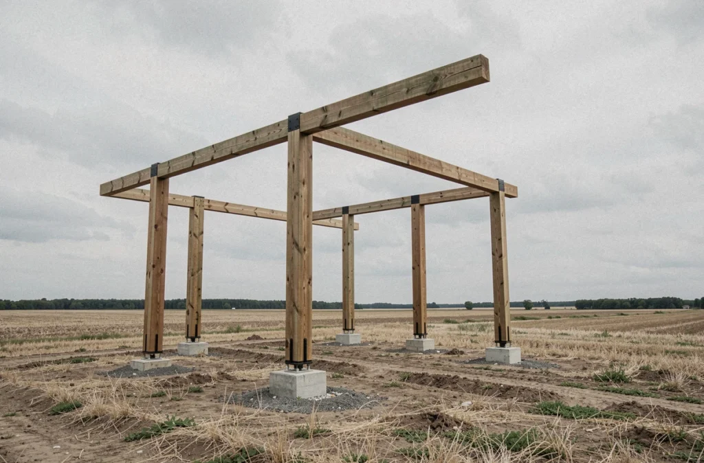 Structure squelette d'une grange à poteaux en cours de construction dans un champ agricole