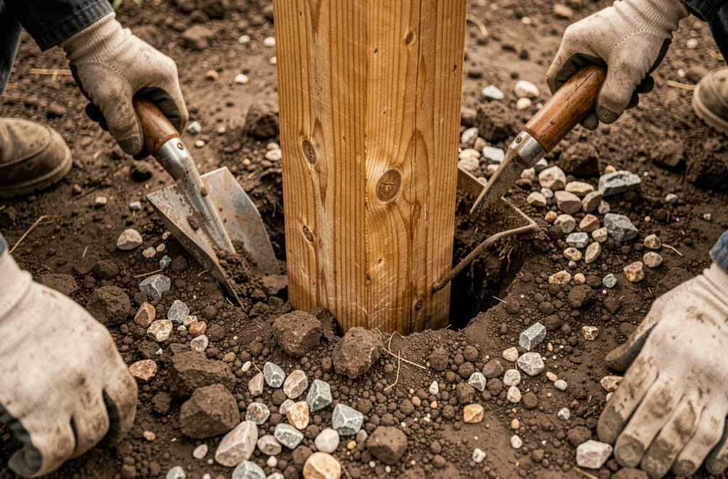Gros plan d'un poteau en bois traité inséré dans un trou de fondation creusé dans la terre lors de la construction d'une grange